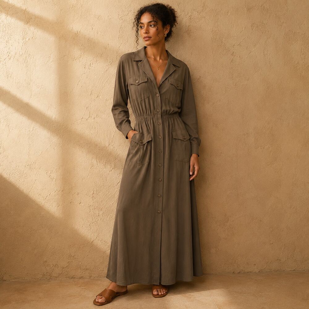 Vintage 80s Outlines Debora Kuchme Taupe Safari Utility Maxi Dress Size 10